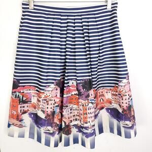 Boston Proper Skirt Womens 4 Circle Pleated Cityscape Print Striped Lined